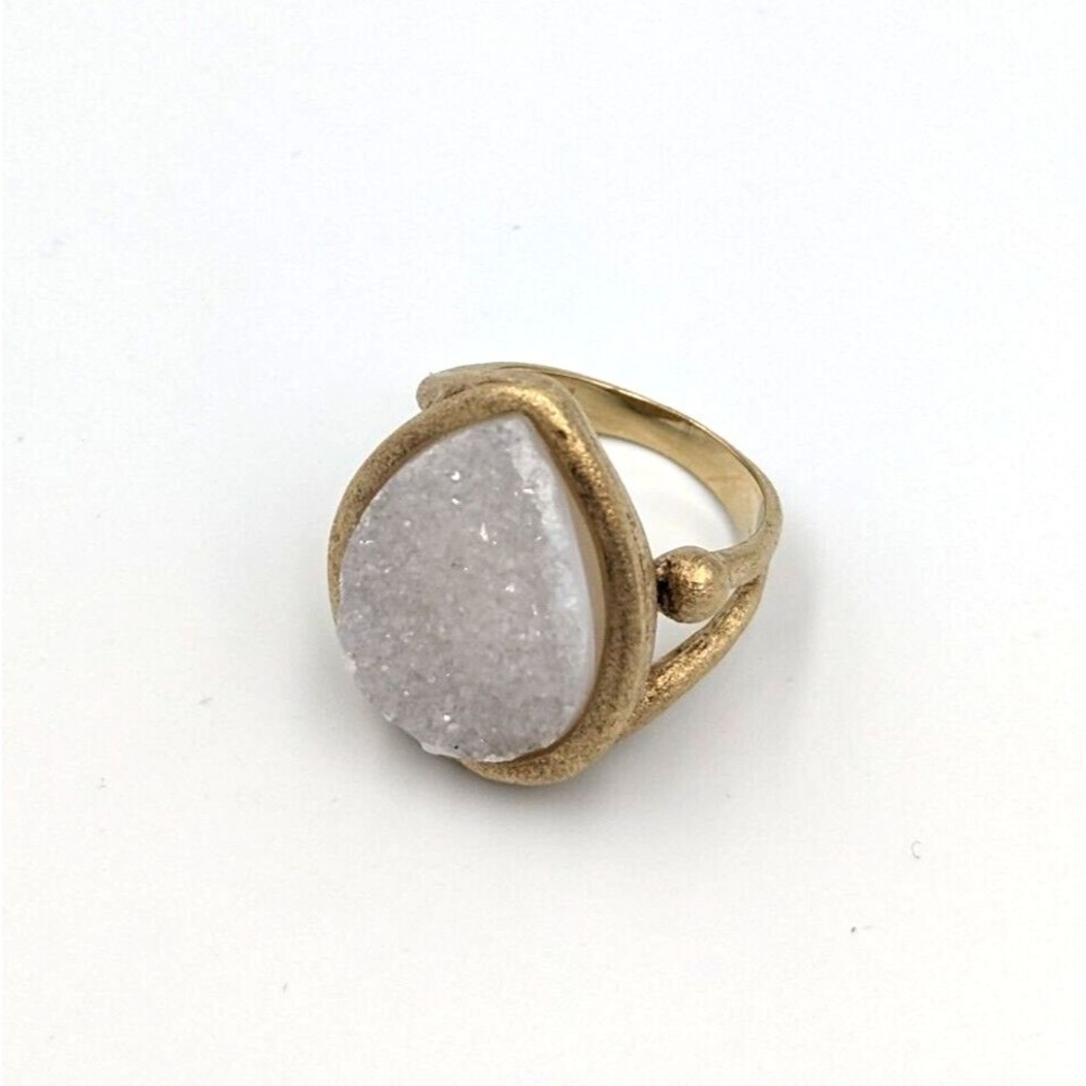 PJM Sterling Silver Vermeil 925 Teardrop White Sparkly Drusy Crystal Ring Sz 6